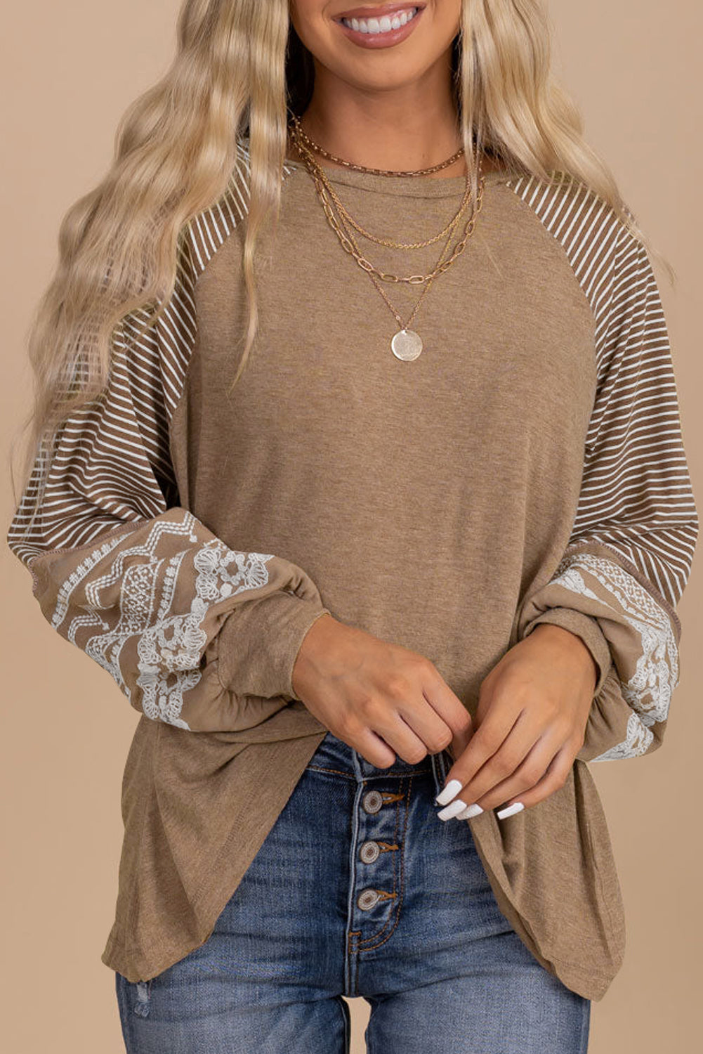 Light French Beige Floral Striped Patchwork Loose Long Sleeve Top