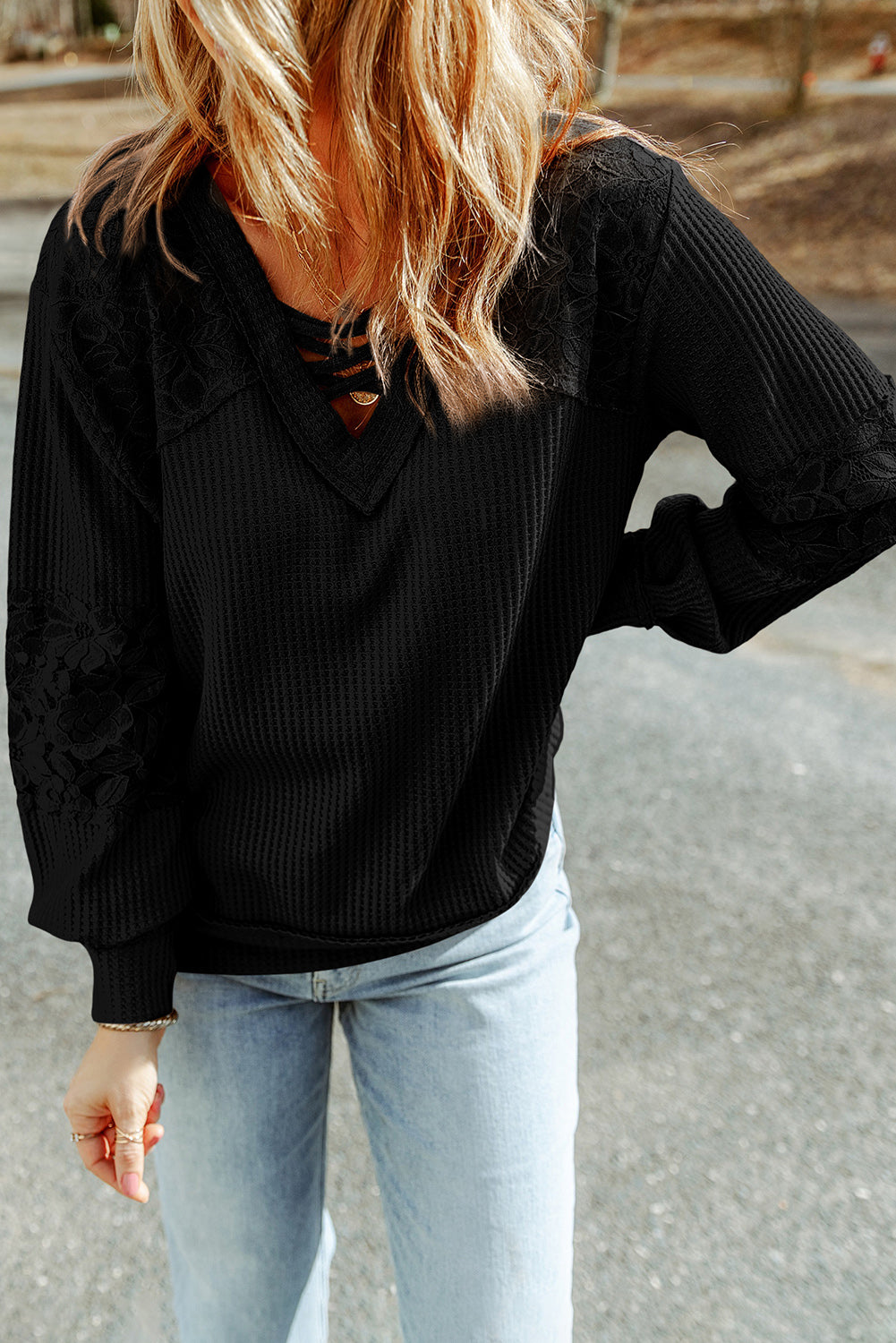 Black Lace Waffle Patchwork Strappy V Neck Long Sleeve Top