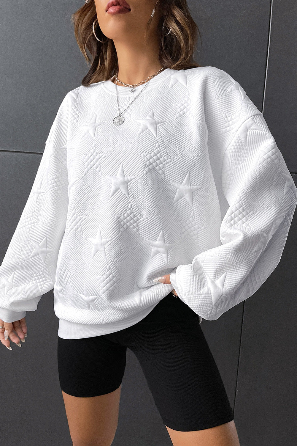 White Star Embossed Textured Drop Shoulder Sweatshirt