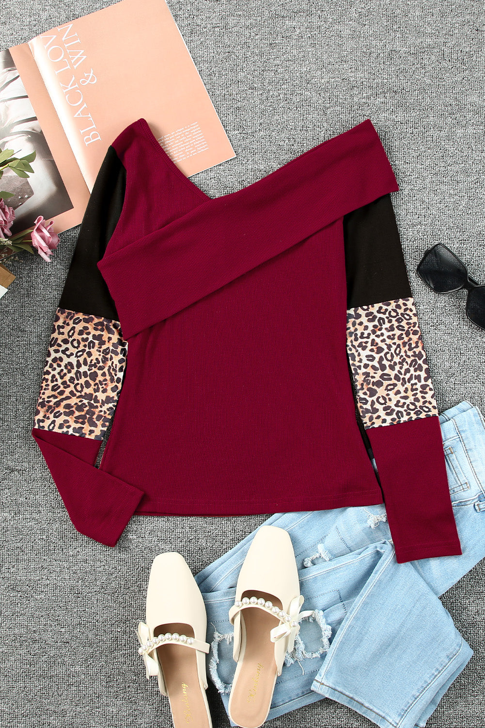 Fiery Red Leopard Color Block Ribbed Cross Wrap Top