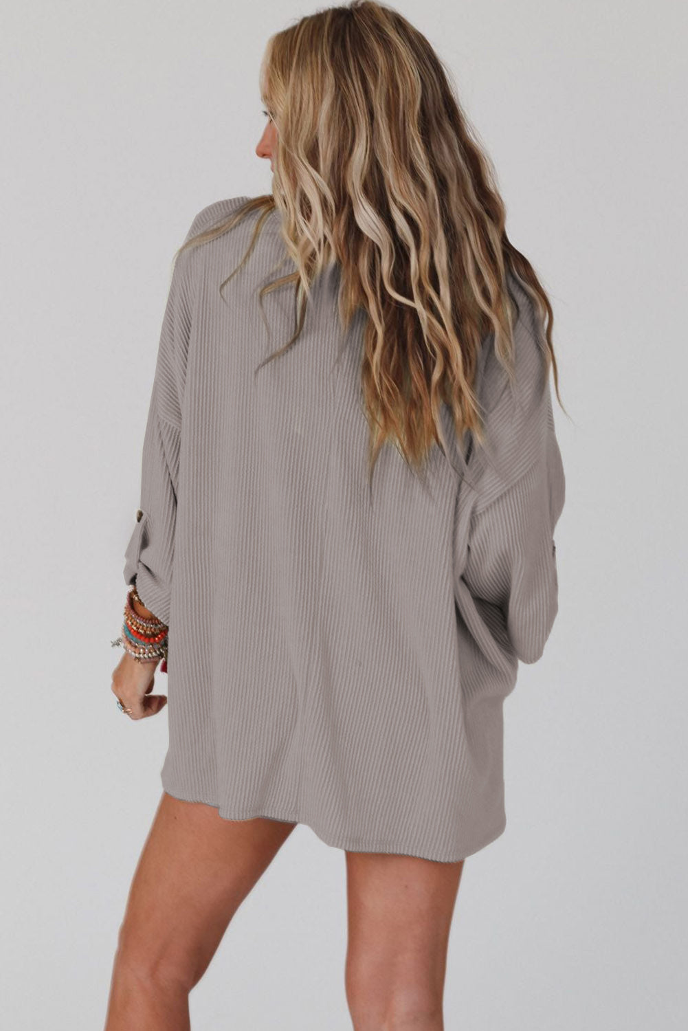 Gray Ribbed Roll-tab Sleeve Chest Pocket Oversize Top