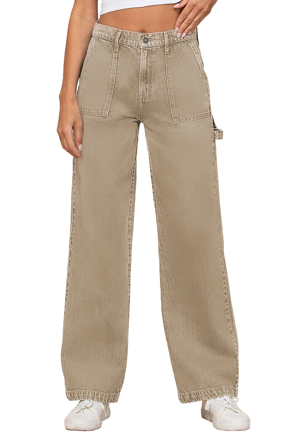 Khaki High Waist Flap Pocket Wide-Leg Jeans