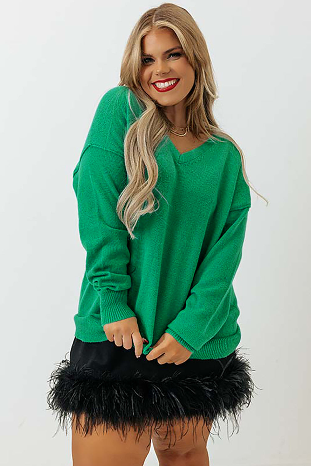 Green Plus Size Drop Shoulder V Neck Sweater