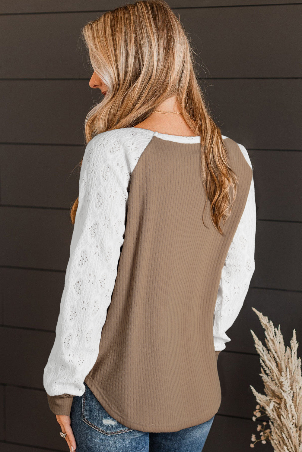 Light French Beige Lace Crochet Patch Long Sleeve Textured Top