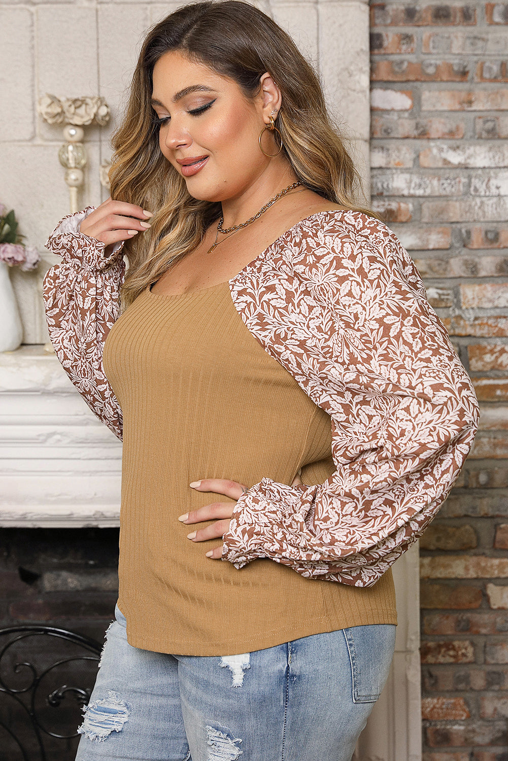 Plus Size Floral Bubble Sleeve Patchwork Ribbed Knit Top