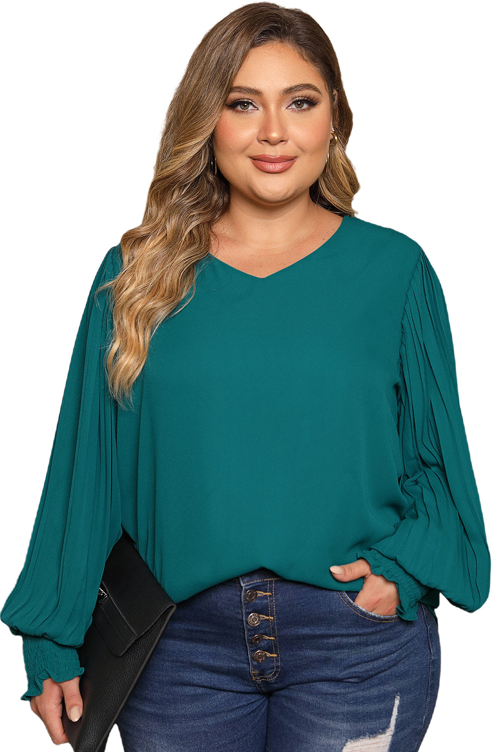 Green Pleated Bubble Sleeve Plus Size Blouse