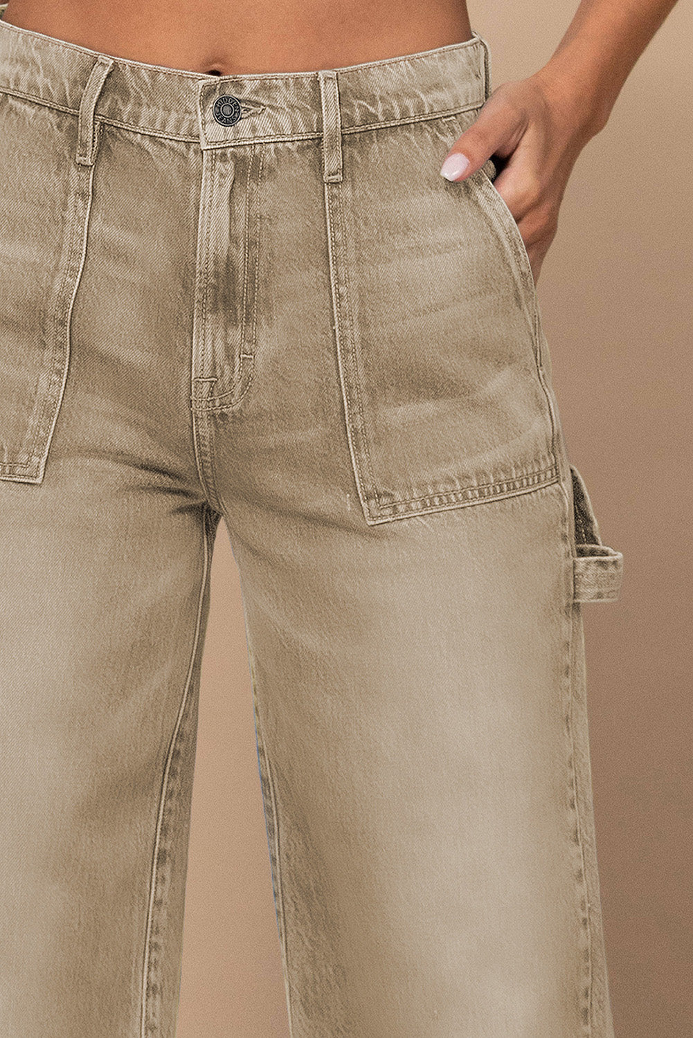Khaki High Waist Flap Pocket Wide-Leg Jeans