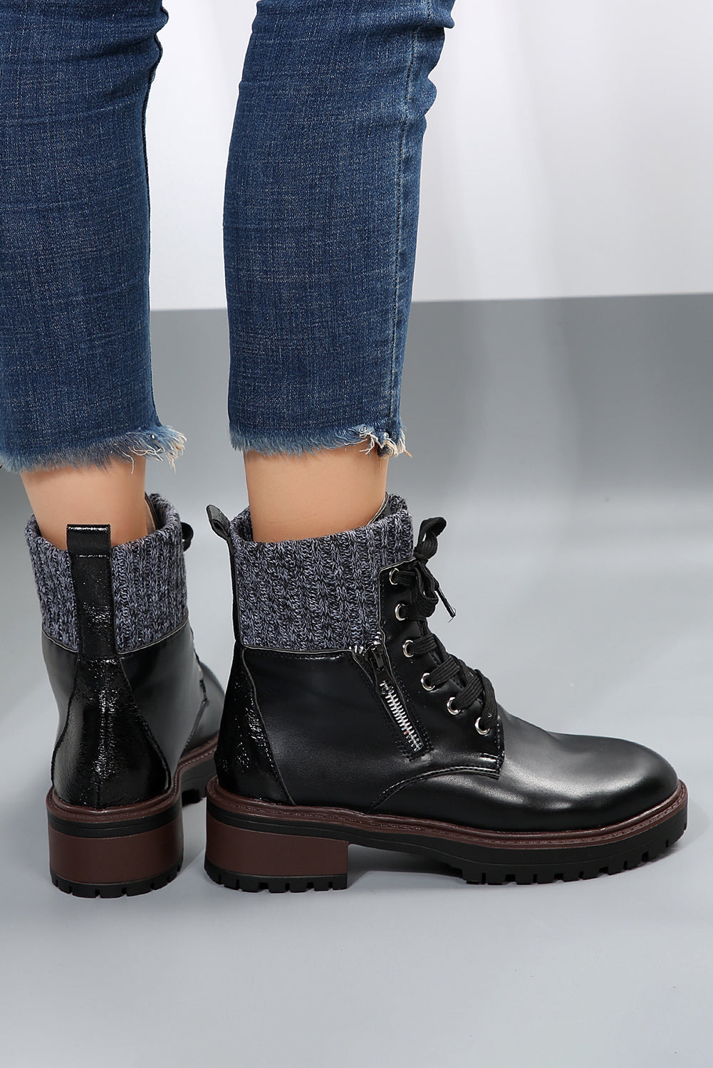 Black Knitted Patched Lace-up Heeled Ankle Boots