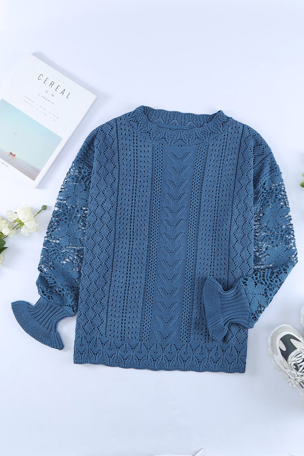 Blue Crochet Lace Pointelle Knit Sweater