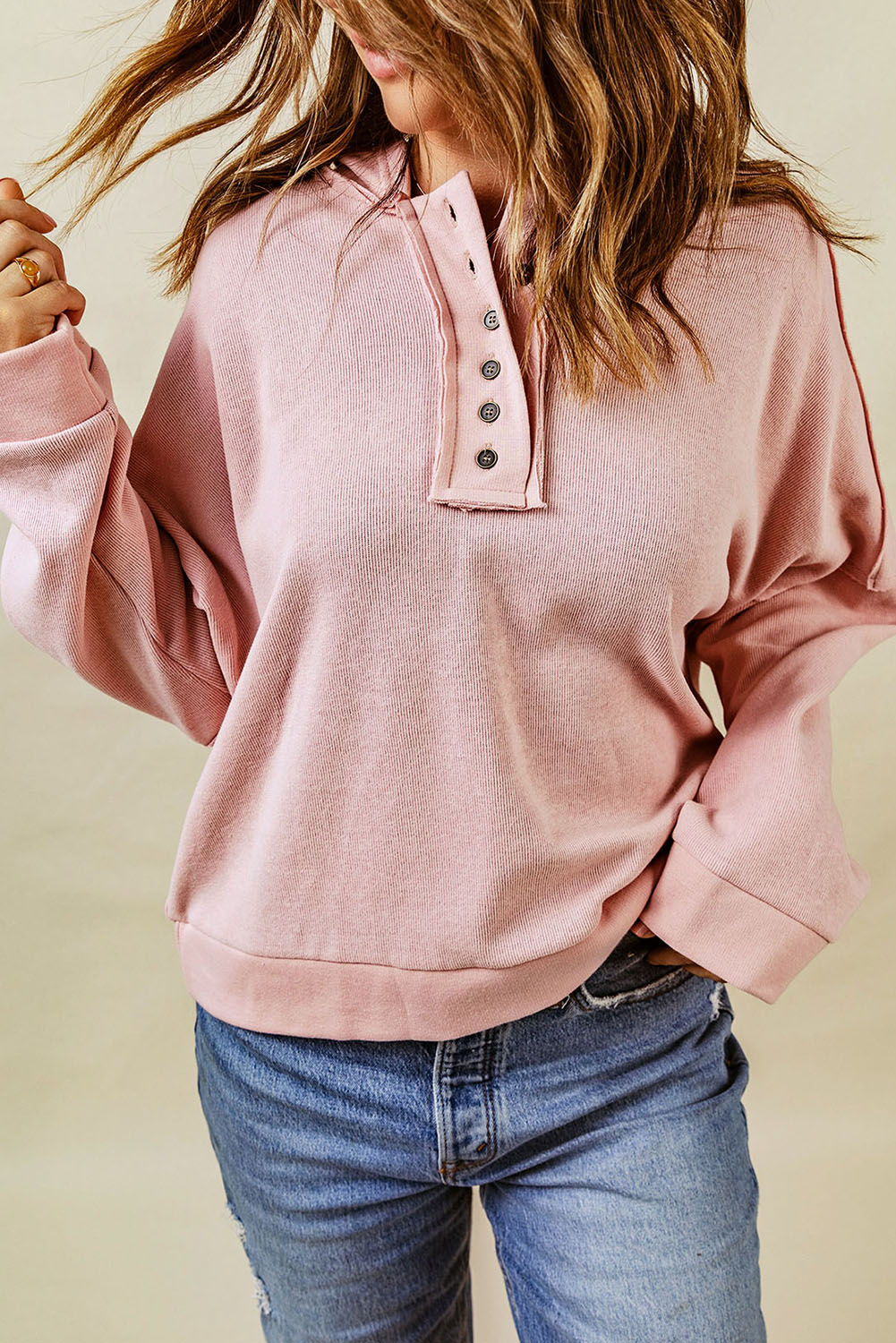 Pink Casual Button Solid Patchwork Trim Hoodie