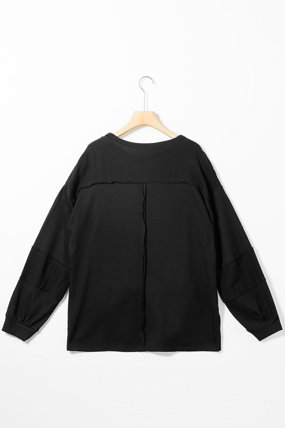 Black Exposed Seam Patchwork Bubble Sleeve Waffle Knit Top