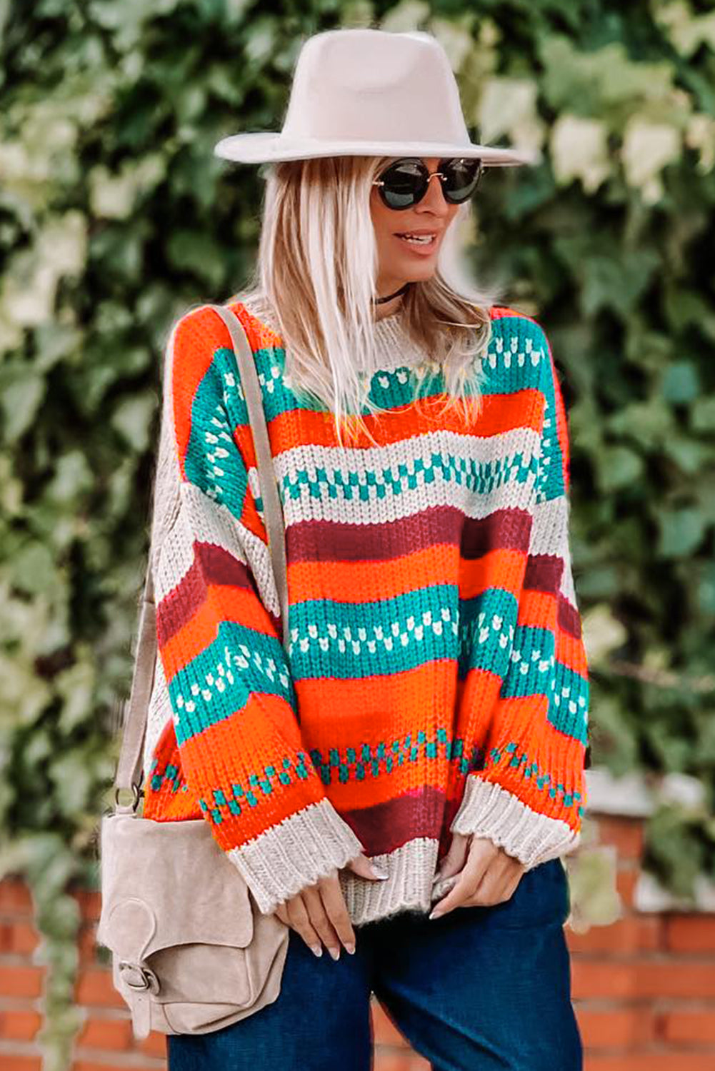 Multicolor Color Block Striped Loose Sleeve Sweater
