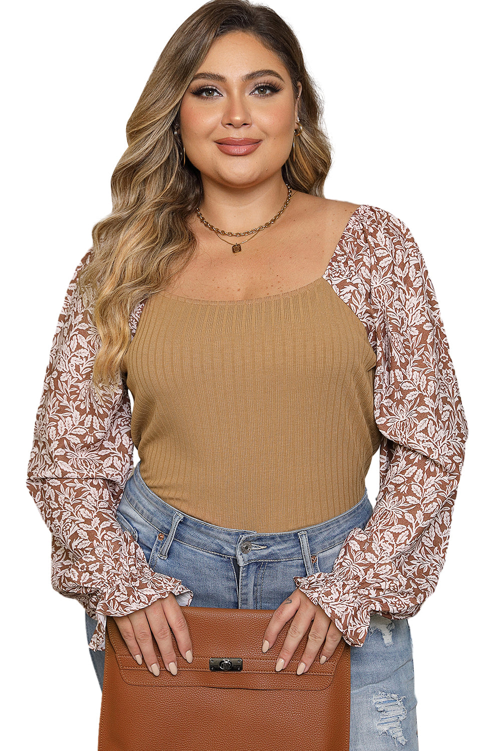 Plus Size Floral Bubble Sleeve Patchwork Ribbed Knit Top