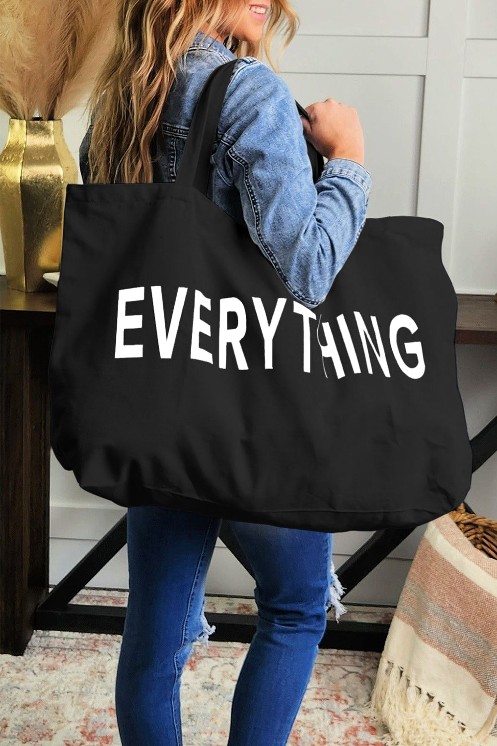 White 73*17*44cm EVERYTHING Letter Print Large Canvas Tote Bag