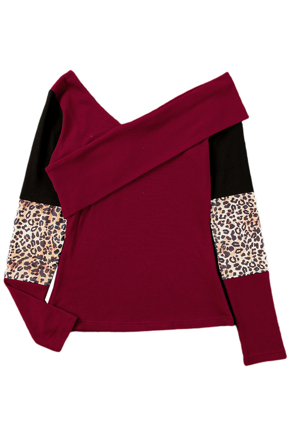 Fiery Red Leopard Color Block Ribbed Cross Wrap Top