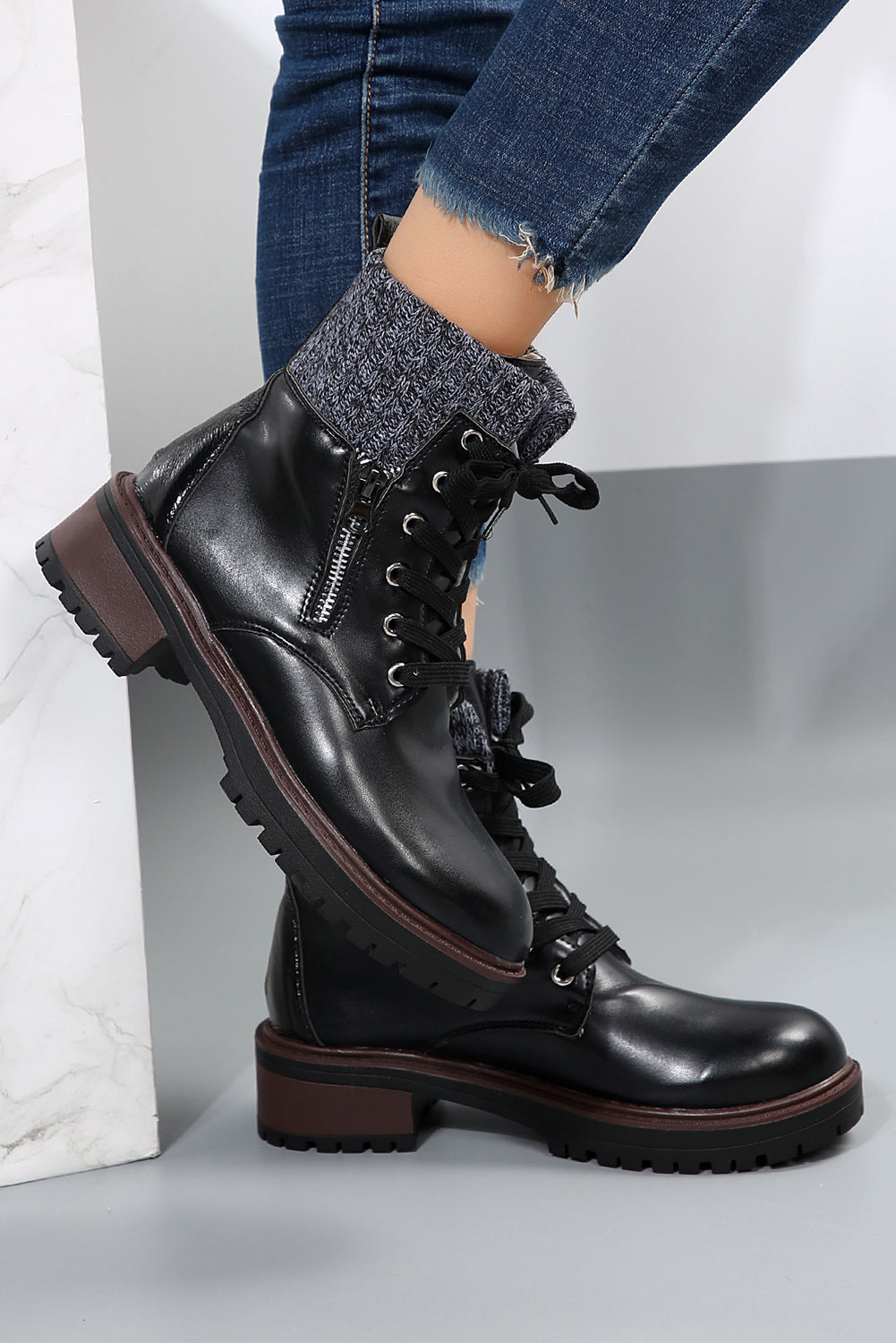 Black Knitted Patched Lace-up Heeled Ankle Boots