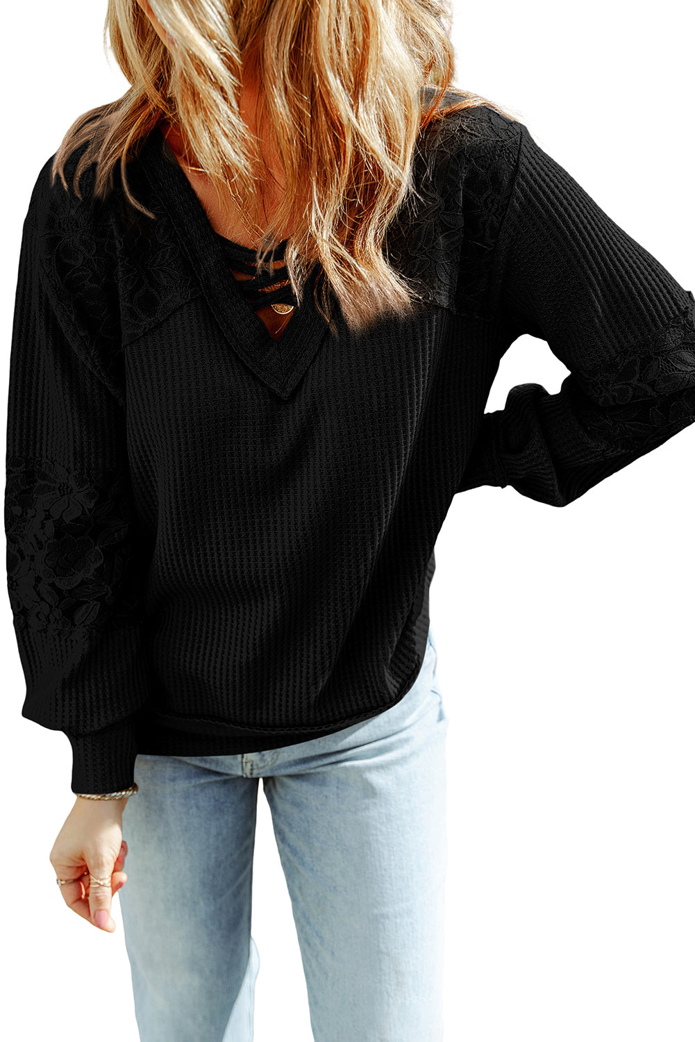 Black Lace Waffle Patchwork Strappy V Neck Long Sleeve Top