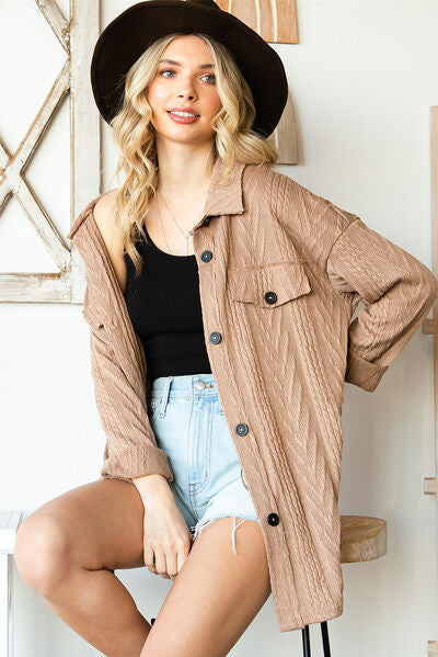 Cable-Knit Button Up Dropped Shoulder Jacket