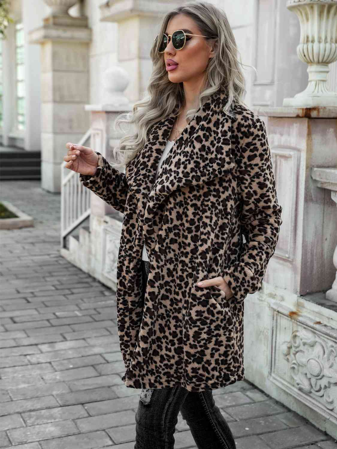 Printed Collared Longline Coat with Pockets