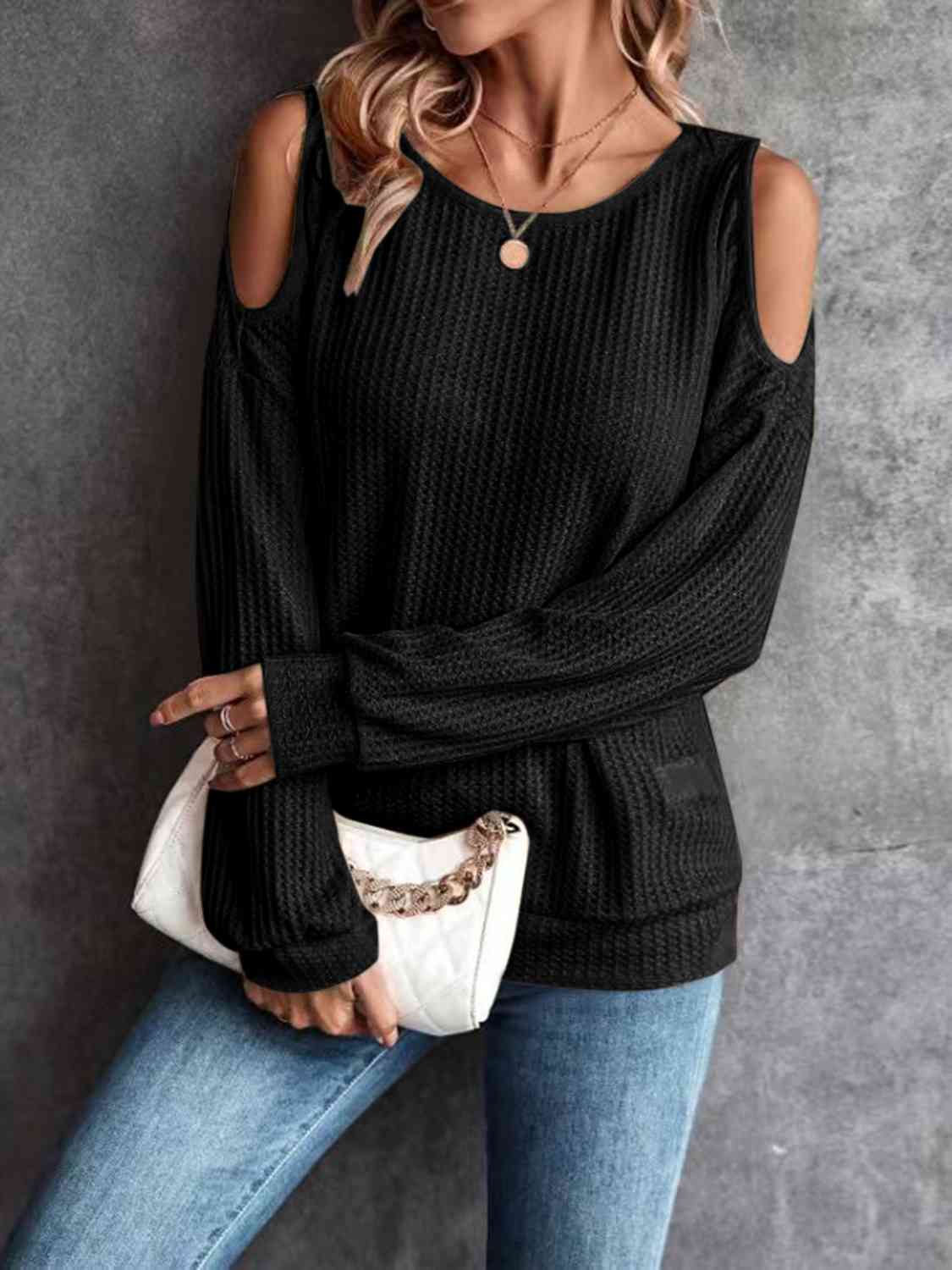 Round Neck Cold-Shoulder Waffle-Knit Top