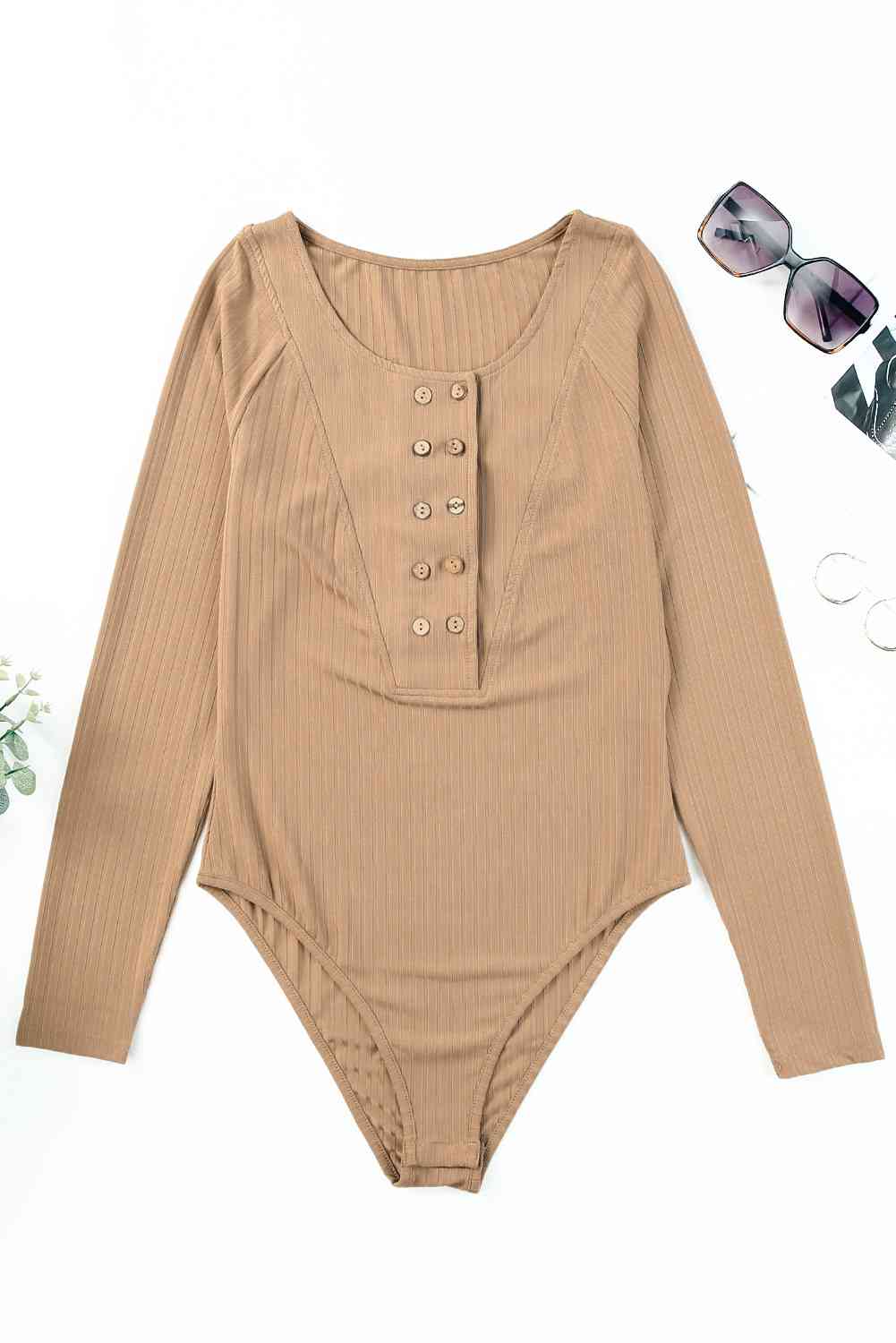 Ribbed Buttoned Long Sleeve Bodysuit
