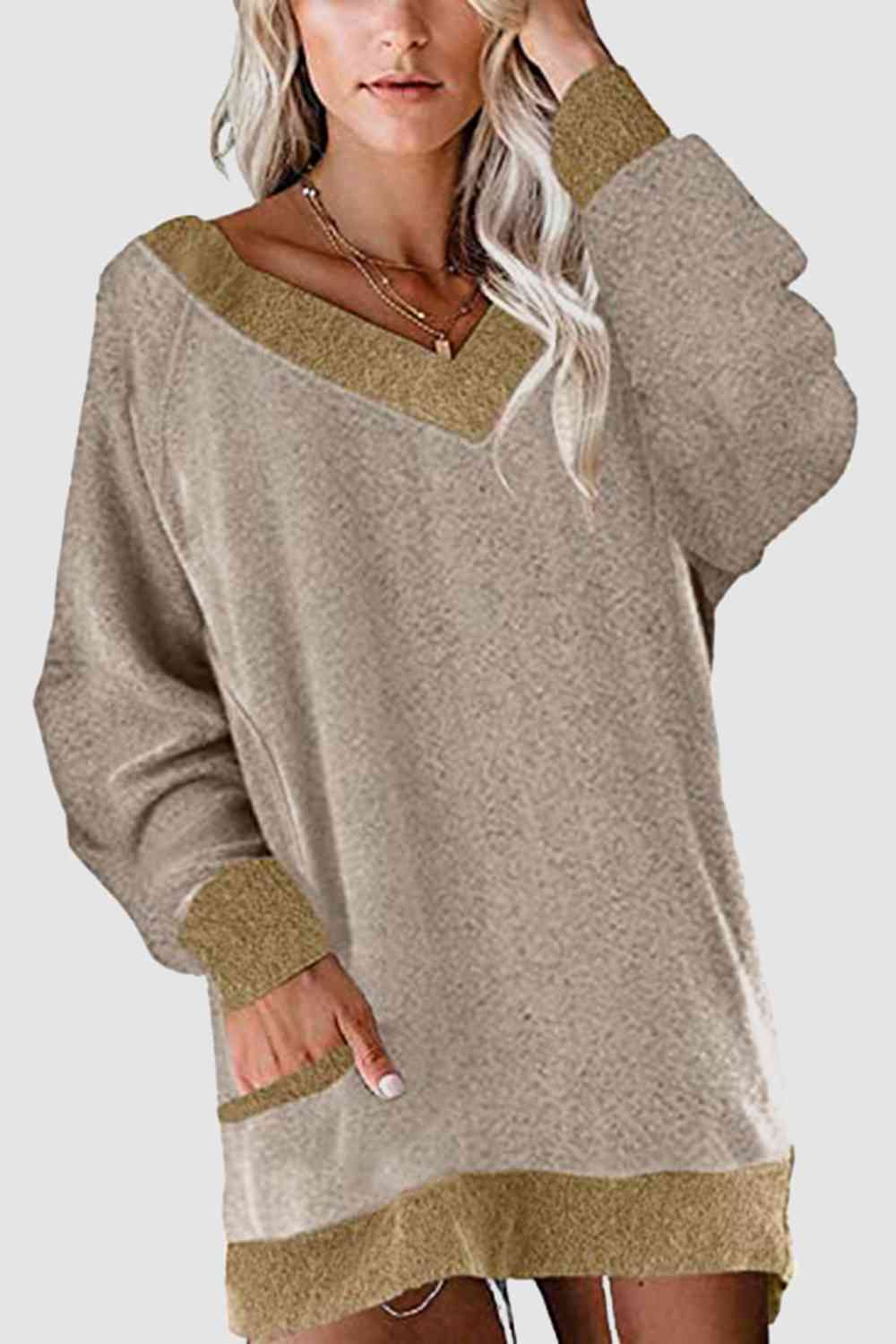 V-Neck Long Sleeve Sweatshirt with Pockets